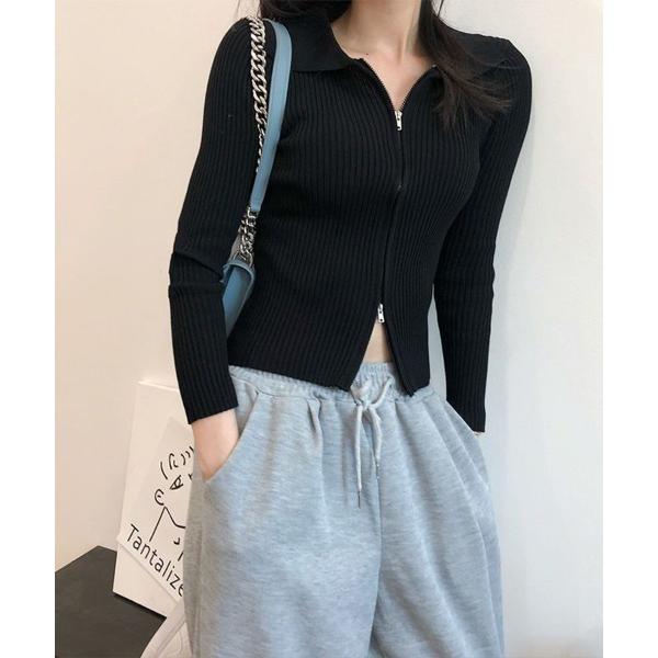 ダブルジップ襟付きトップス レディース