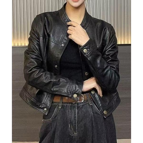 ブルゾン アウター ノーカラーフェイクレザーブルゾン レディース