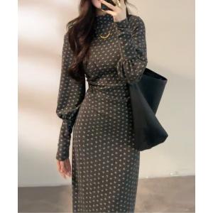 ワンピース レトロデザインプリントランタンスリーブワンピース