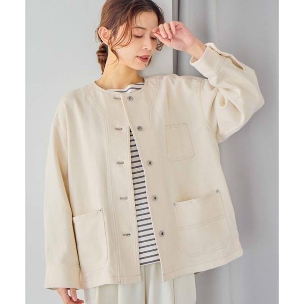 ジャケット ノーカラージャケット コットンノーカラーツイルポケットジャケット レディース