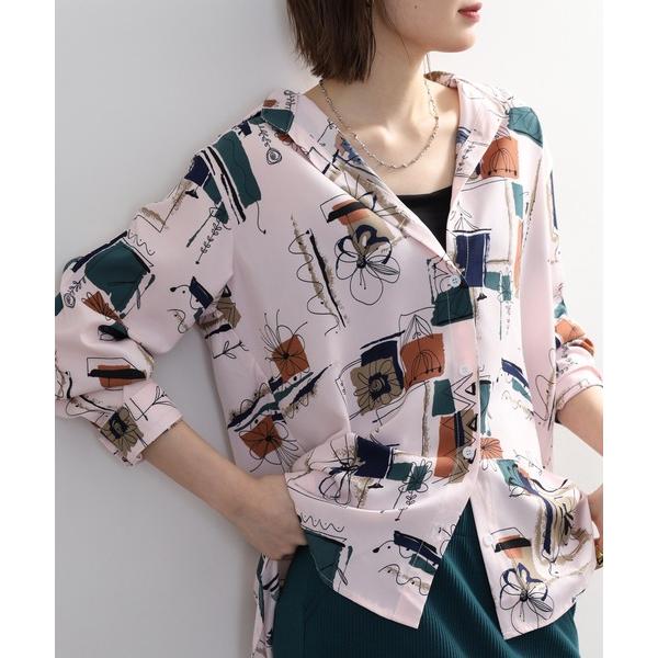 ブラウス シャツ アートタッチプリント長袖ブラウス レディース