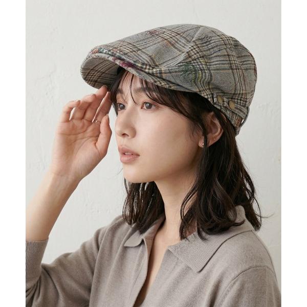 帽子 キャスケット 落書き入りチェックプリントキャスケット レディース