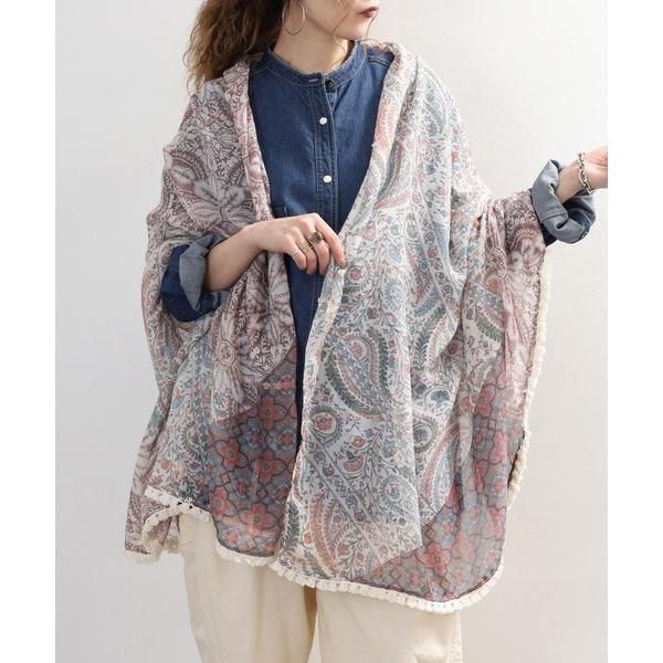 ストール マフラー アンティーク調のペイズリー柄が映える、フリンジ大判ストール レディース