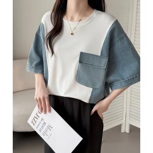 トレーナー スウェット デニムドッキングスウェットプルオーバー レディース