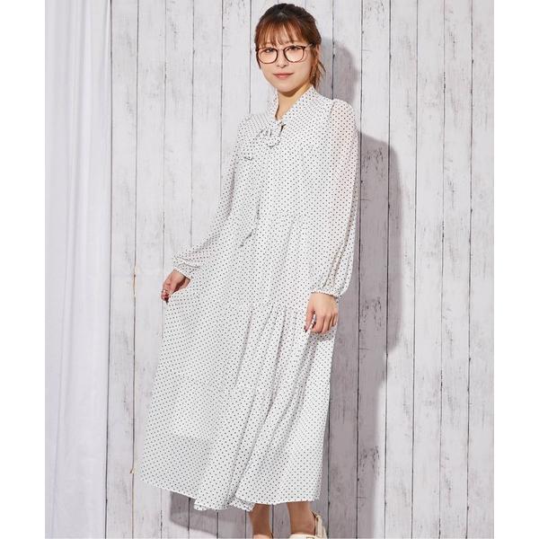 ワンピース 「ドット柄×ボウタイ」ティアードマキシワンピース／春秋／全2色