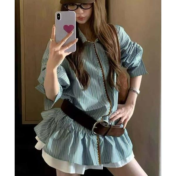 ブラウス シャツ ストライプ柄配色ステッチウエストマークシャツブラウス レディース