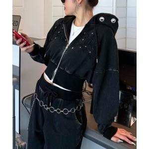 パーカー アイレットクラッシュロゴショートパーカー レディース