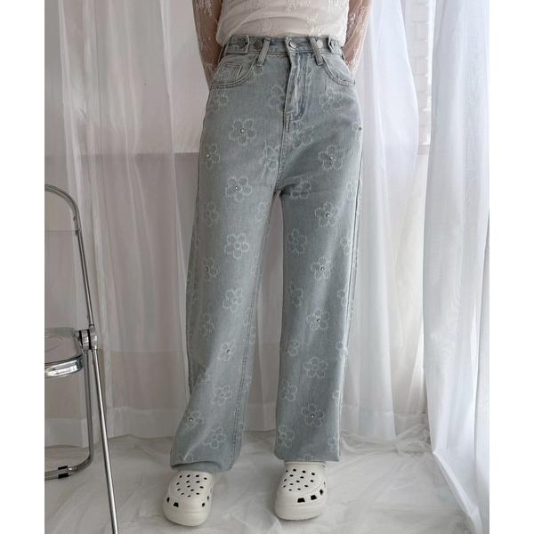 ワイドパンツ ジーンズ デニム デニムパンツ フラワー×ラインストーンハイウエストデニム レディース
