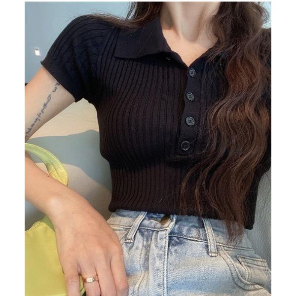 tシャツ 半袖 ポロ衿クロップド丈半袖トップス レディース