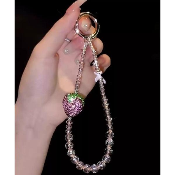 輝くラインストーン ストロベリー ビーズ チャーム スマホ ストラップ バッグ キーホルダー ( フ...