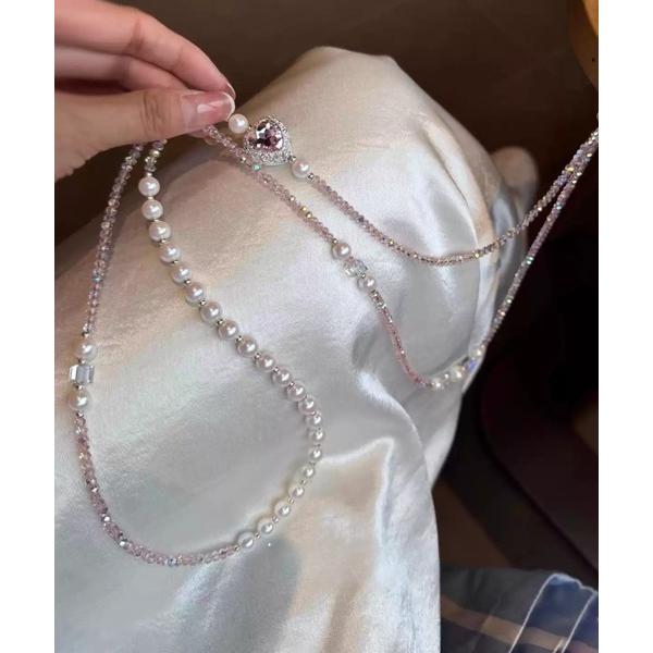 ハートチャーム × パール ビーズ スマホ ショルダー / ストラップ（ フォンタブ付 ）