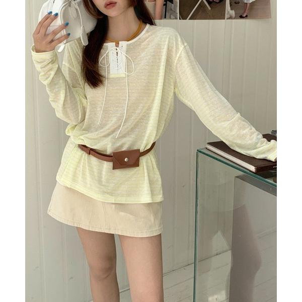 tシャツ ボーダーレースアップ ルーズシアーロンT レディース