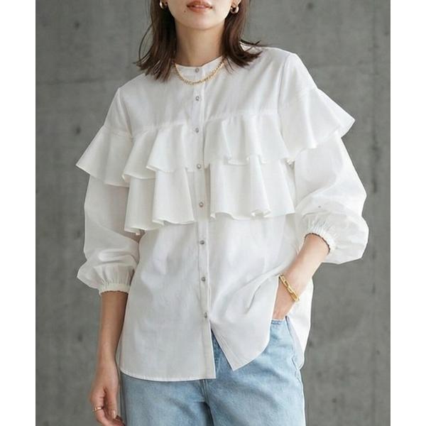 ブラウス シャツ 入学式 卒園式 フリルブラウス ボリューム袖 メタルボタン シャツ レディース き...