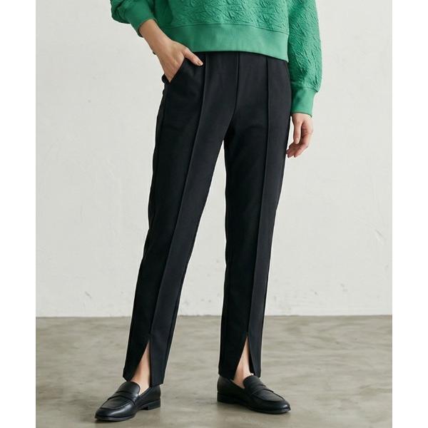 スラックス パンツ 美脚センタープレステーパードパンツ フロントスリット ストレッチジョーゼット レ...