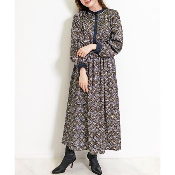 ワンピース バロック柄ロングワンピース レディース バイカラー ウエストギャザー フレアワンピース