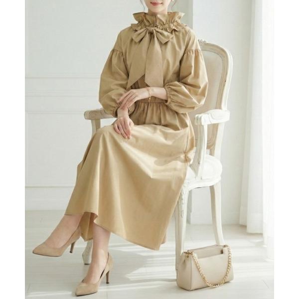 ワンピース ボウタイロングワンピース ギャザーネック ボリュームスリーブ フレアワンピース レディー...