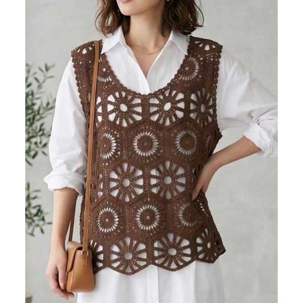 ベスト ジレ 人気の！ クロシェ編み ビスチェレイヤードトップス 花柄 ベスト/綿100% レディー...