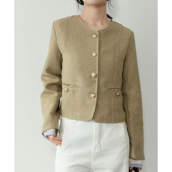 ジャケット ノーカラージャケット 「on:nue」「着用動画あり！」 ゴールド釦ツイードジャケット ...