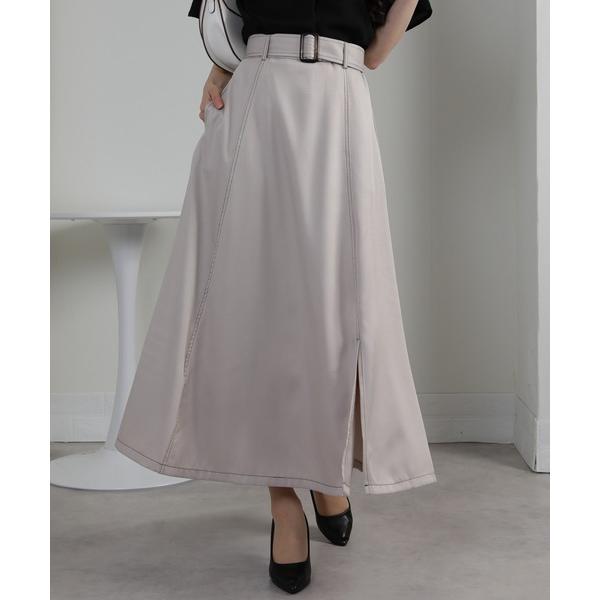 スカート 配色ステッチ サイドスリット ベルト付ロングスカート