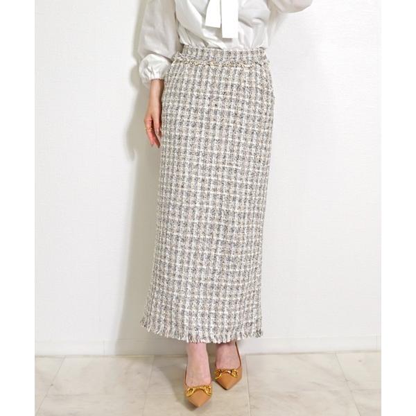 スカート ツイードIラインスカート セミタイトスカート フリンジヘム きれいめ セットアップ対応