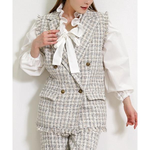 ベスト ジレ ツイードジレ フリンジベスト ダブルブレストベスト テーラードベスト セットアップ対応...