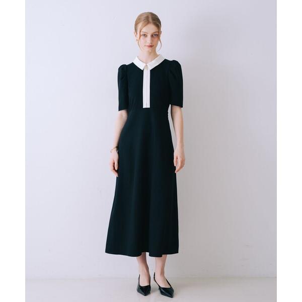 ワンピース 衿配色フロントジップフレアワンピース　パワショル　パフショル　お呼ばれ　春服