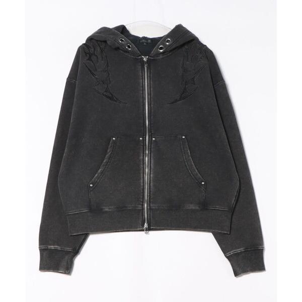 パーカー トライバル刺繍 ダブルジップ ショート丈 ケミカル加工 ジップパーカー 裏毛 スウェット ...
