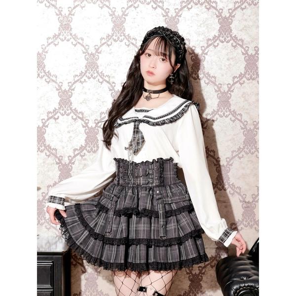 ブラウス シャツ チェックフリルミニネクタイセーラーブラウス レディース