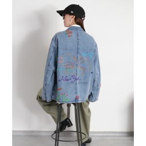 デニムジャケット gジャン ラクガキアート刺繍＆プリント デニムカバーオール「ユニセックス」 レディース メンズ