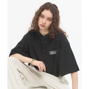 ヘンリーネック tシャツ 「CODDERR」ロゴ刺繍 ドローコード ヘンリーネック ワッフル半袖Tシャツ メンズ レディース