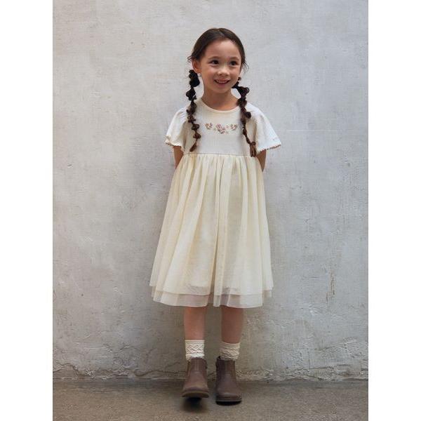 ワンピース リブフラワー刺繍チュールワンピース／オーガニックコットン キッズ 子供服 女の子