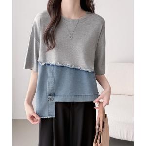 tシャツ デニムドッキング半袖プルオーバー レディース