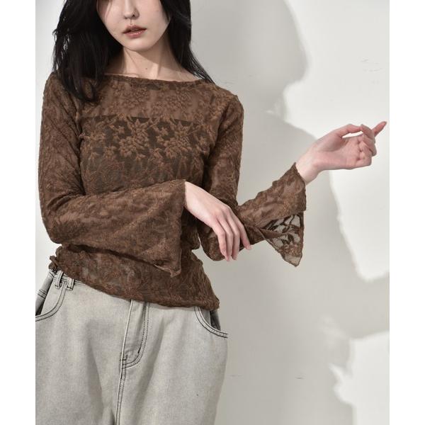 tシャツ 袖スリットリーフ柄レースロンT レディース