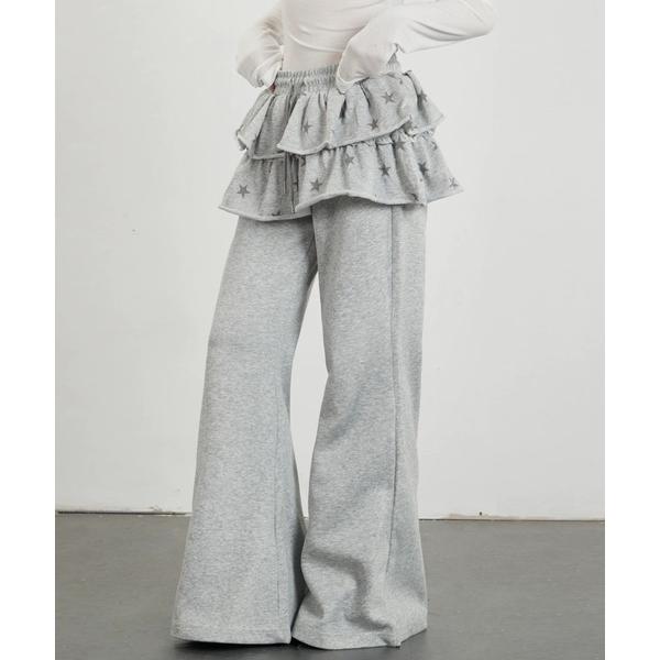スウェットパンツ ジャージ 「26春新作」星柄フリル フェイクレイヤード ワイドパンツ レディース