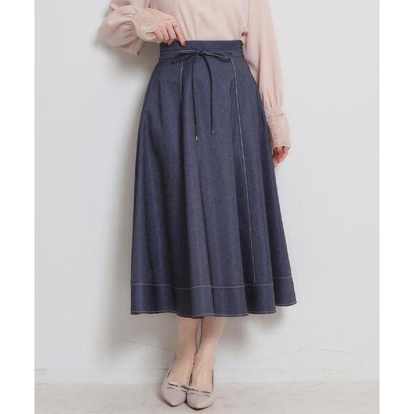 スカート 「洗える」デニムライク細リボンスカート