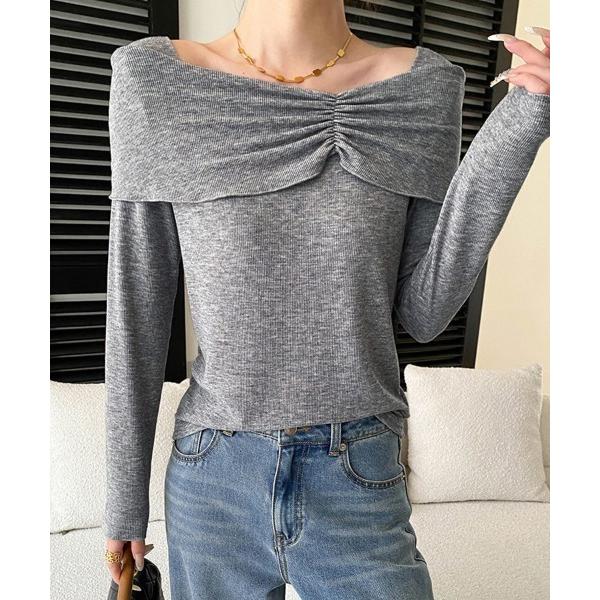 tシャツ ギャザーネックオフショル風トップス レディース