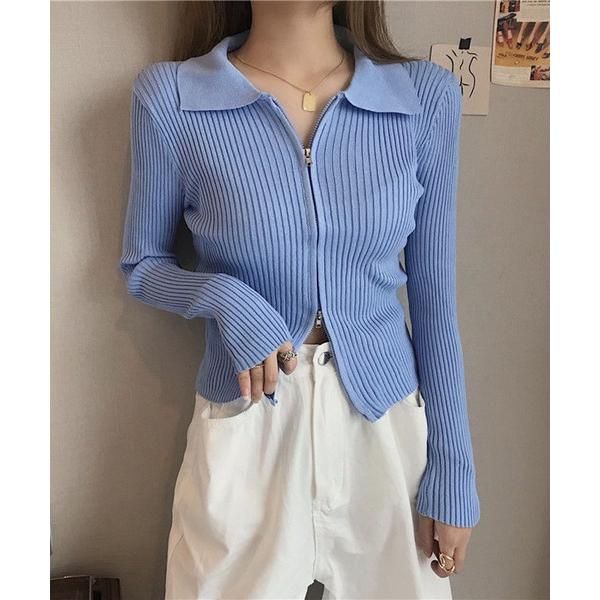 ニット セーター 襟付き フロントジップ リブニットトップス レディース