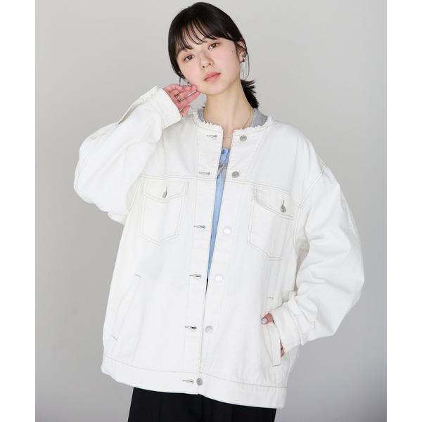 デニムジャケット gジャン ノーカラーデニムツイルジャケット レディース