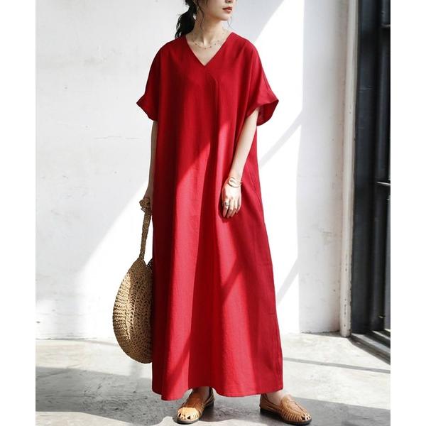 ワンピース リネンタッチ フレンチスリーブ ワンピース