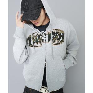 パーカー 短丈ダブルジップパーカー/パッチワークカモフラロゴ/ショート丈 メンズ レディース