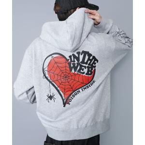 パーカー レギュラー丈ダブルジップパーカー/ハートスパイダー/バックプリントデザイン メンズ レディース