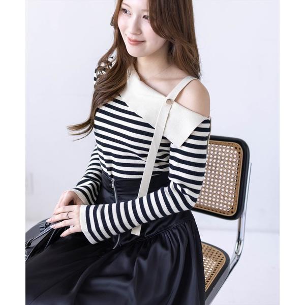 ニット セーター セーラーカラーボーダーワンショルニットトップス「大人 フェミニン 上品」 レディー...