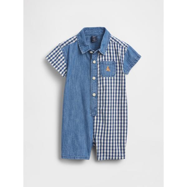 ベビー服 ロンパース ギンガムチェック デニム カラーブロック ショートオール (ベビー)