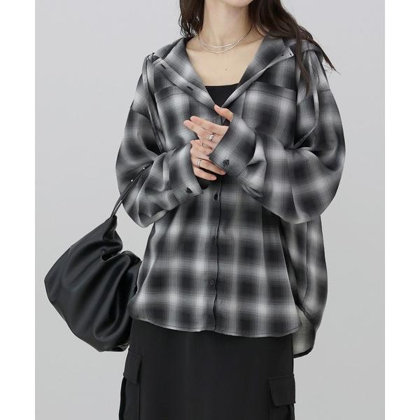 ブラウス シャツ 先染めプリントシアーフードシャツ レディース