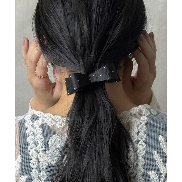 ヘアクリップ スタッズサテン立体リボンバレッタ