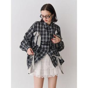 ブラウス シャツ ギャザーリボンルーズシャツ チェック柄 レディース
