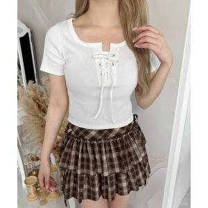 tシャツ 半袖 フロントレースアップトップス レディース
