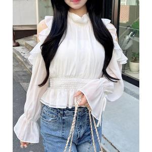 ブラウス シャツ 2Wayリボン肩あきフリルブラ...の商品画像