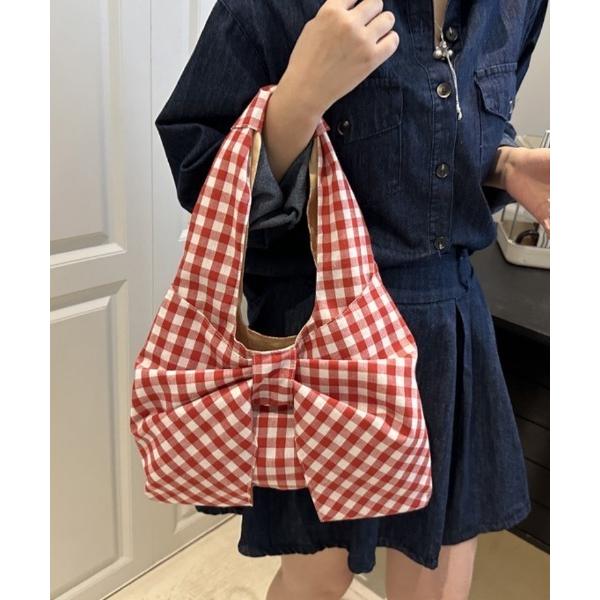 トートバッグ ギンガムチェックリボンショルダーバッグ レディース