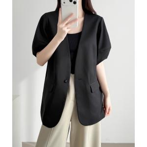 ジャケット ノーカラージャケット ボリュウーム袖ノーカラージャケット レディース